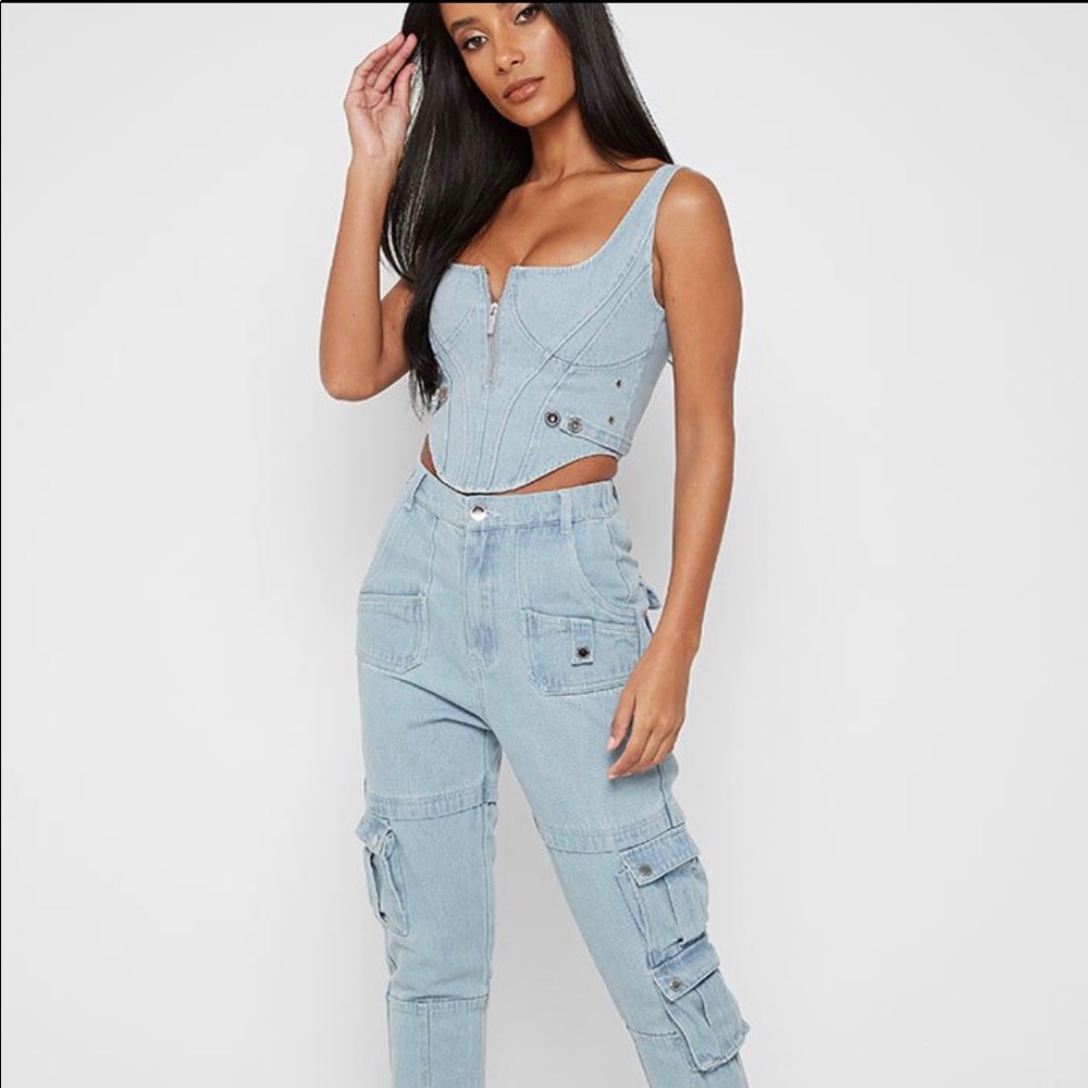 Denim Corset Top Cargo Jeans Two Piece Co-Ord Set
